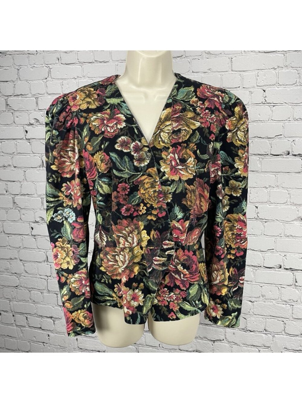 VTG Go Vicki Floral Cotton Buttoned Puff Sleeve Blazer Jacket USA Made Size 7/8